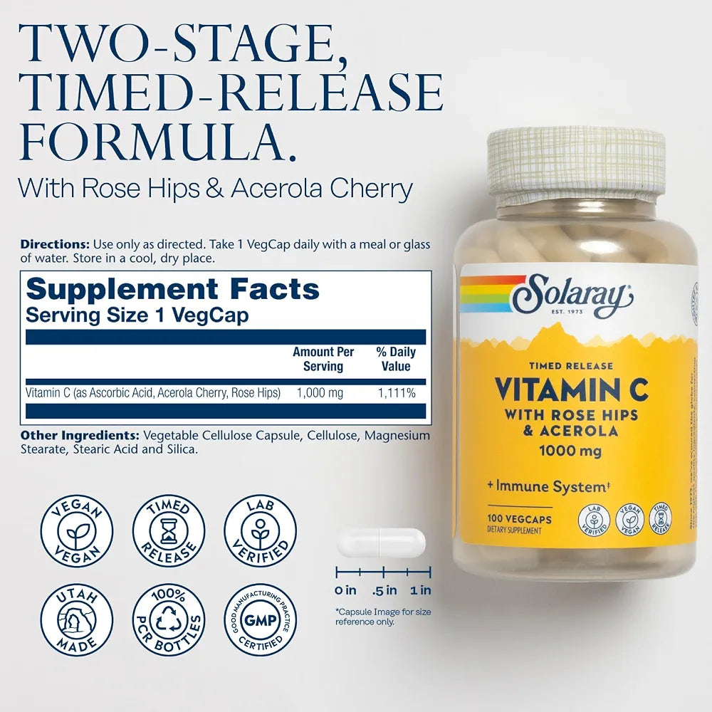 SOLARAY Vitamin C 1000mg - Time Release Vitamin C Capsules w/Rose HIPS and Acerola