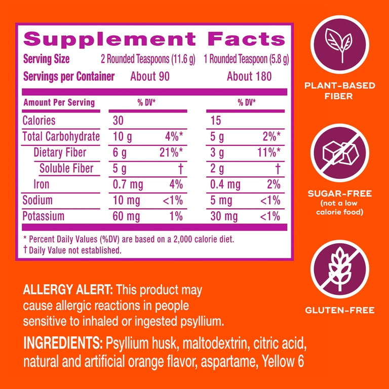 Metamucil 4-in-1 Psyllium Husk GLP-1 Friendly Fiber Supplement, Sugar-Free, 130 teaspoons, Orange Flavored
