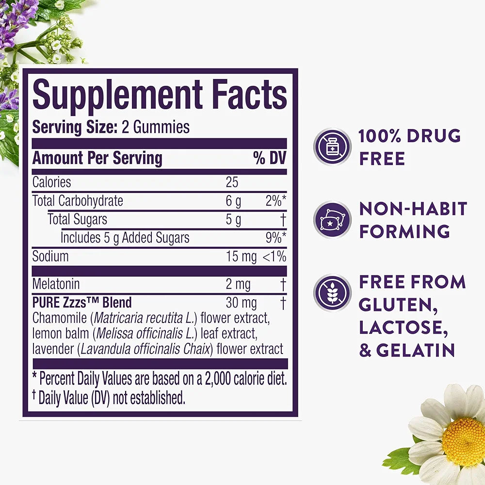 ZzzQuil Pure Zzzs Melatonin Gummies, Sleep Aid, Melatonin 2mg, with Chamomile & Lavender, Melatonin Sleep Gummies