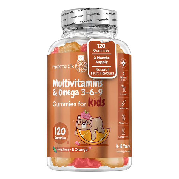 Maxmedix Multivitamin for Kids - 120 Natural Raspberry & Orange Flavour Chewable Gummies (2 Months Supply)