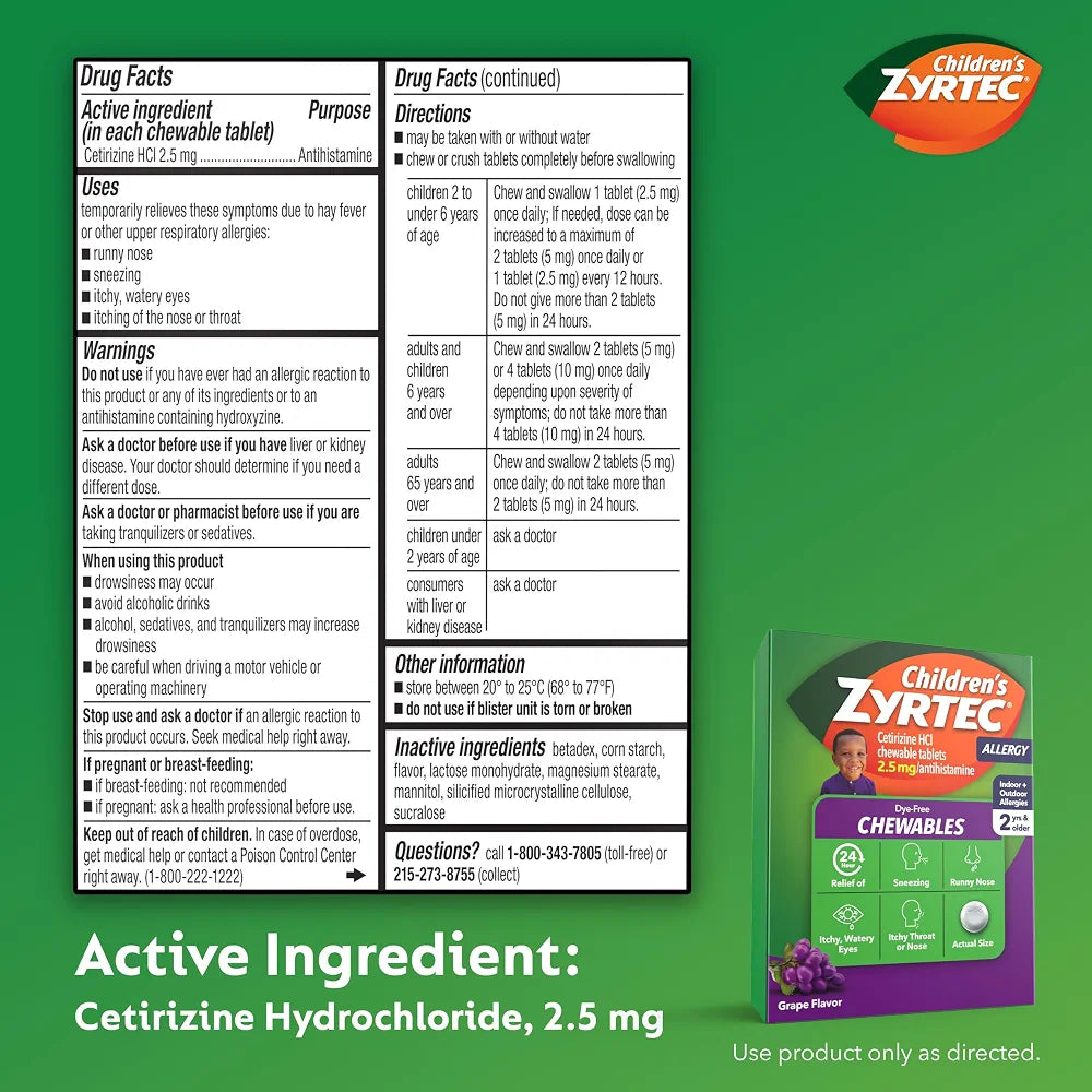 Children's Zyrtec Dye-Free Chewables, Cetirizine HCl, Grape