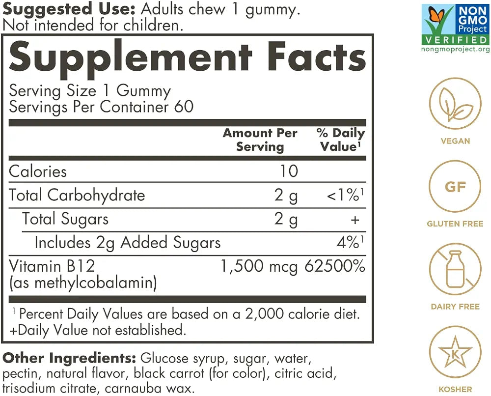 Solgar Methyl B12 Gummies for Adults 1,500mcg, Raspberry Flavor 60 Servings
