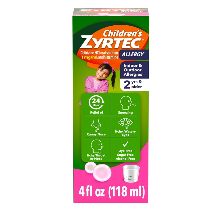 Children's Zyrtec Liquid Allergy Syrup, Free of Dyes, Sugar, Alcohol, Bubble Gum Flavor