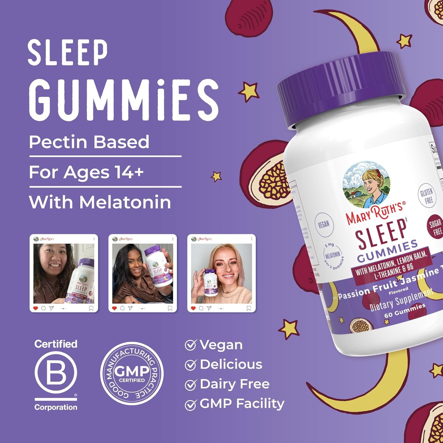 MaryRuth's Melatonin Gummies for Relaxation & Sleep Support with Lemon Balm, L-Theanine, Vitamin B6, 60 Count