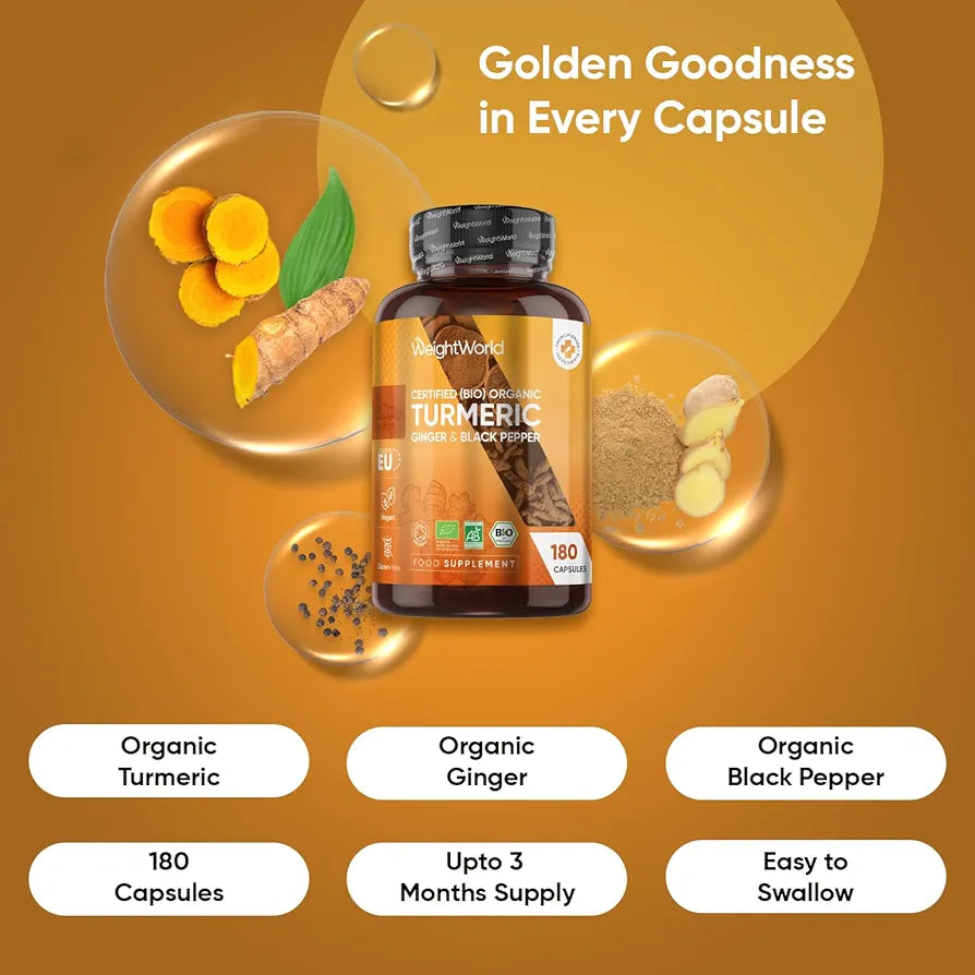 Organic Turmeric Capsules - 180 Capsules - with Organic Ginger & Black Pepper