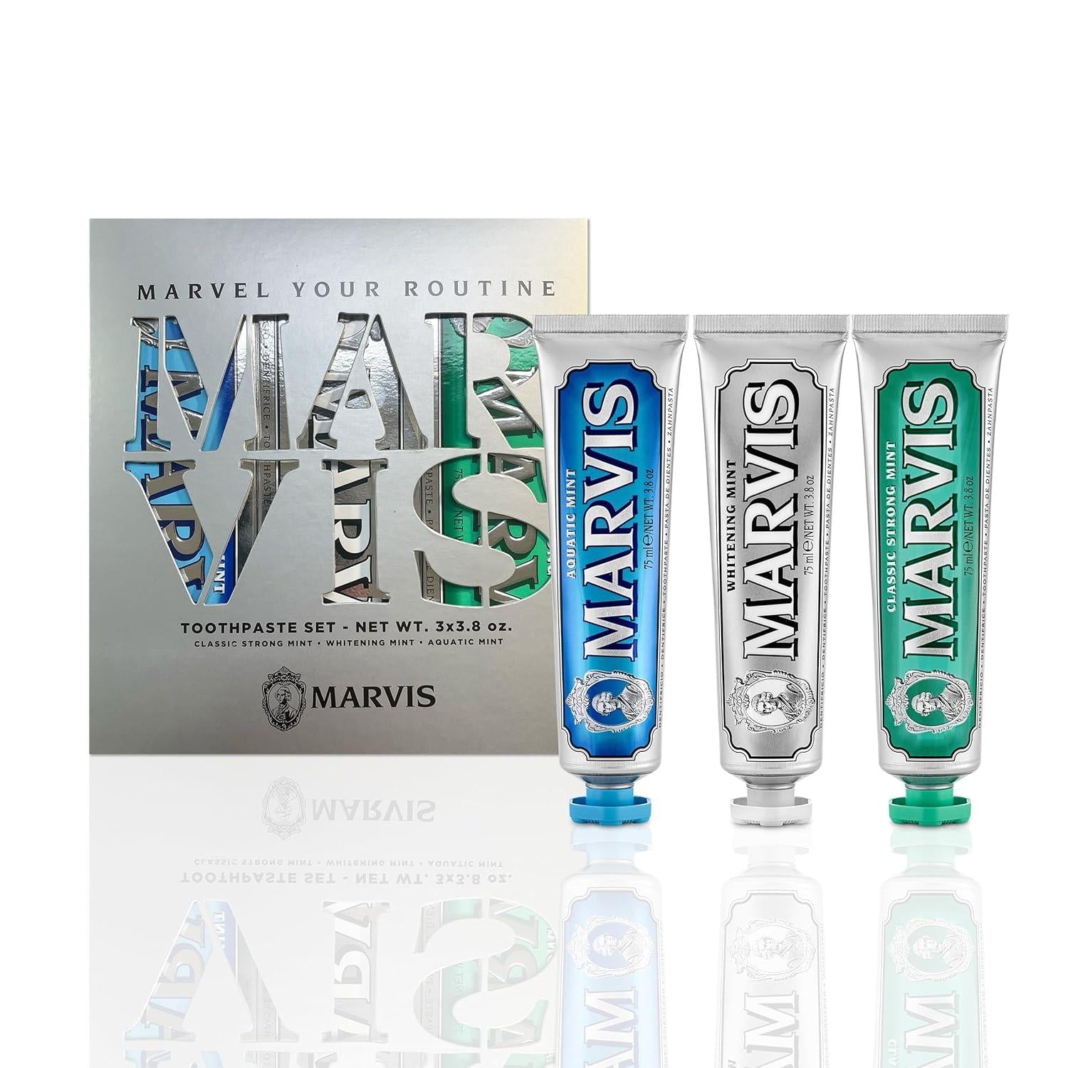 Marvis Best Sellers Trio, Classic Strong Mint, Whitening Mint, Aquatic Mint, 3 Tubes 75ml Each
