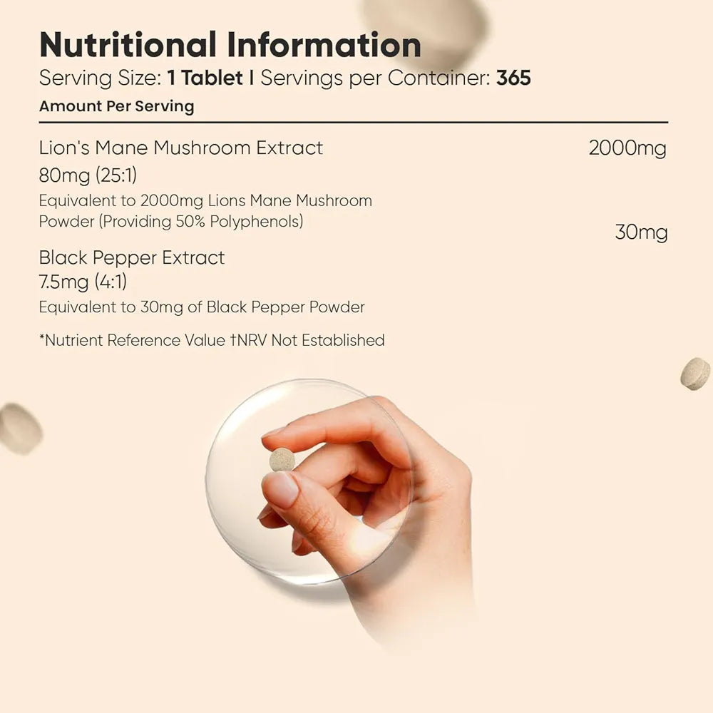Weightworld Lions Mane Supplement 2000mg with Black Pepper - 365 Vegan Tablets - 1 Year Supply