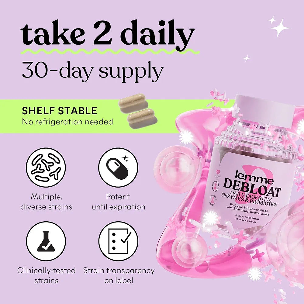Lemme Debloat 3-in-1 Prebiotic, Probiotic & Digestive Enzyme Capsules