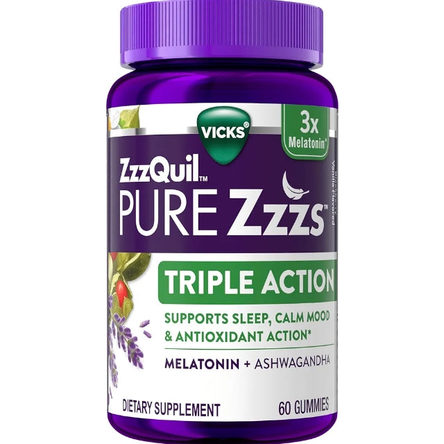 ZzzQuil PURE Zzzs Melatonin Triple Action with Ashwagandha, Melatonin 6mg, 60 Gummies
