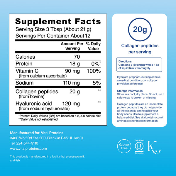 Vital Proteins Collagen Peptides Powder Advanced with Hyaluronic Acid & Vitamin C, Collagen Supplements, Unflavored 265GM