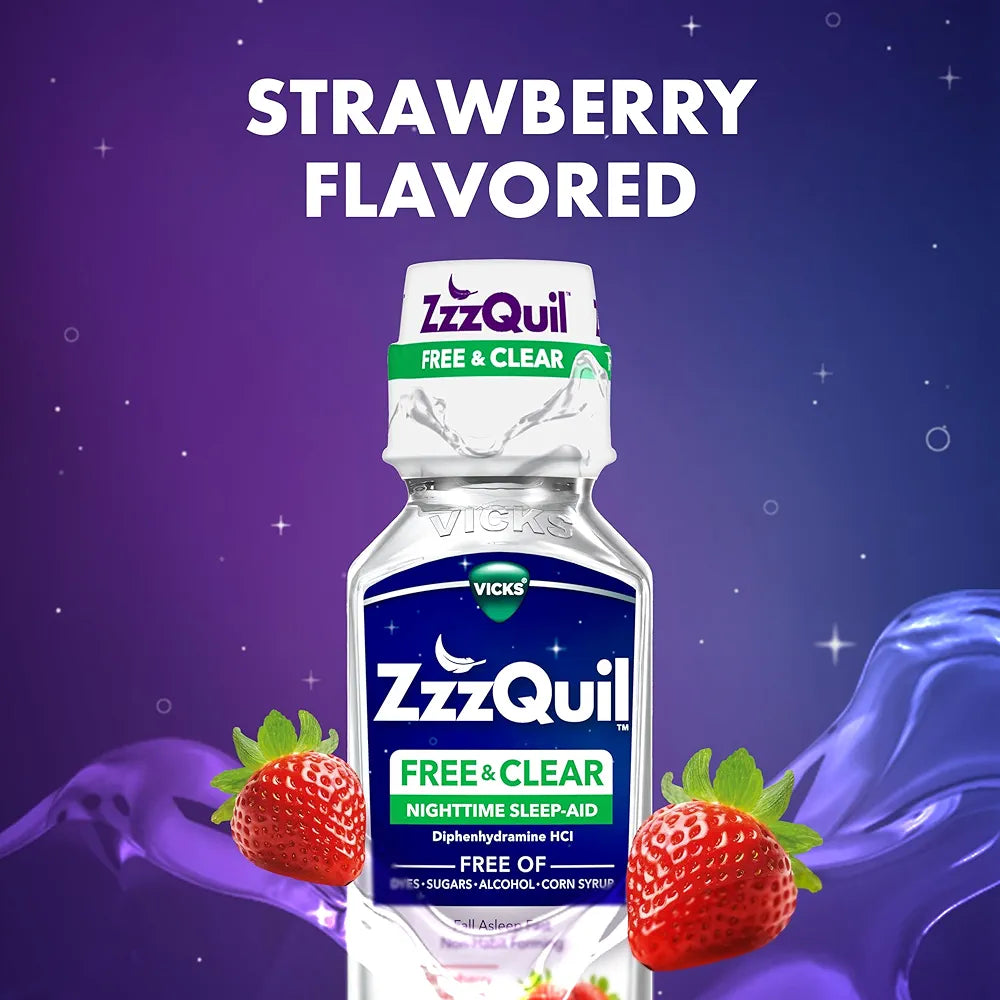 ZzzQuil Liquid Sleep Aid, FREE & CLEAR, Strawberry Flavored, 12 FL OZ