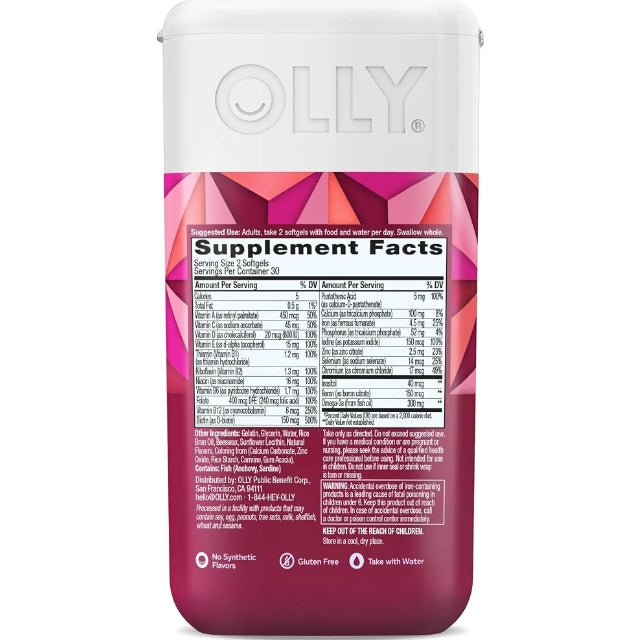 OLLY Ultra Strength Women's Multivitamin Softgels, Omega-3s - 60 Count