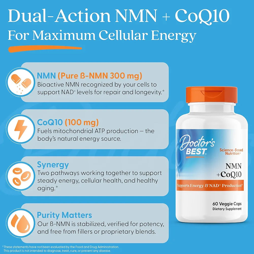 Doctor's Best NMN + CoQ10 - Supports NAD+ Production & Cellular Energy, 60 Veg Caps