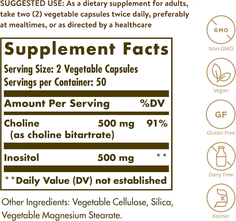 Solgar Choline/Inositol 500 mg/500 mg, 100 Vegetable Capsules- 50 Servings