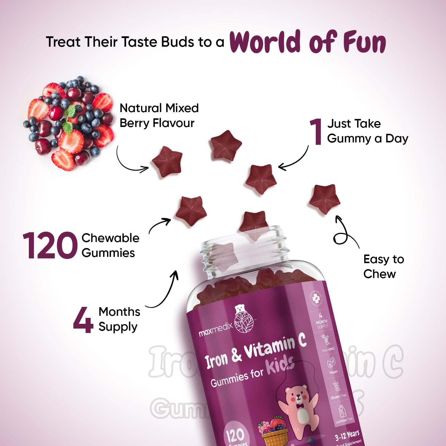 Maxmedix Iron & Vitamin C Gummies for Kids - 4 Months Supply