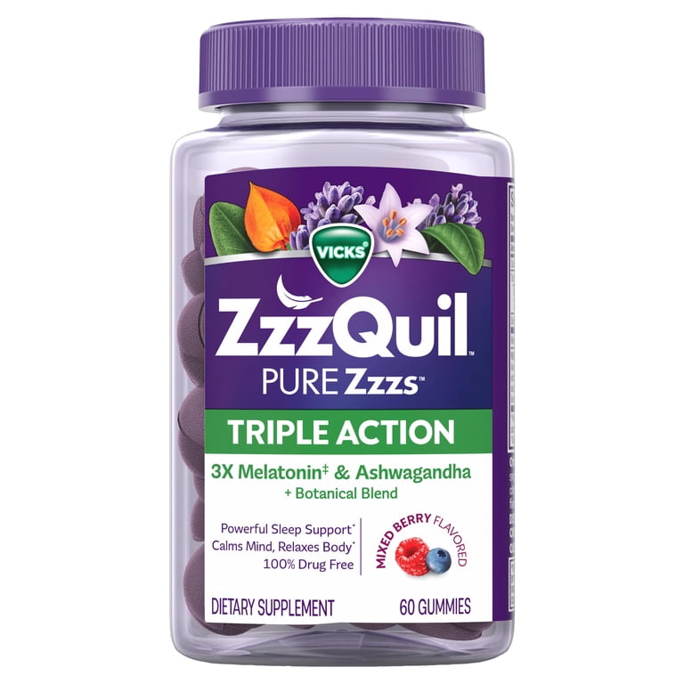 ZzzQuil PURE Zzzs Melatonin Triple Action with Ashwagandha, Melatonin 6mg, 60 Gummies