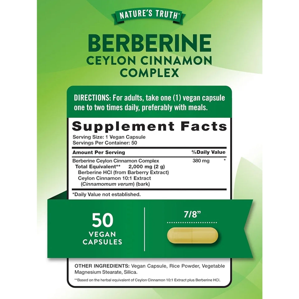 Nature's Truth Berberine with Ceylon Cinnamon Complex | 2,000mg | 50 Vegan Capsules