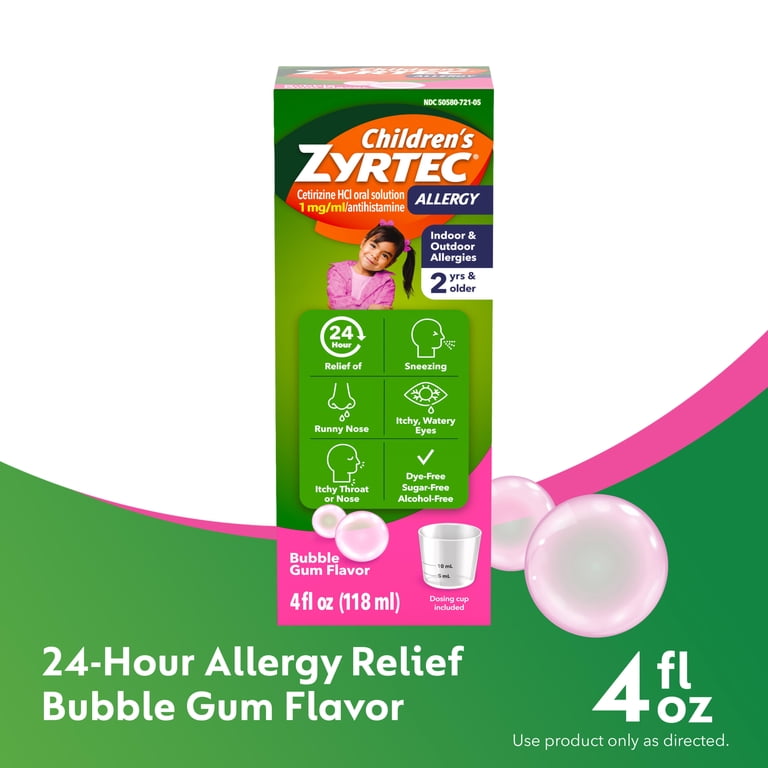 Children's Zyrtec Liquid Allergy Syrup, Free of Dyes, Sugar, Alcohol, Bubble Gum Flavor