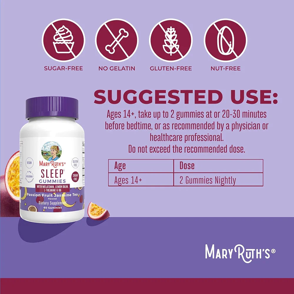 MaryRuth Melatonin 5mg Sleep Gummy with L-Theanine, Lemon Balm, 60 Count