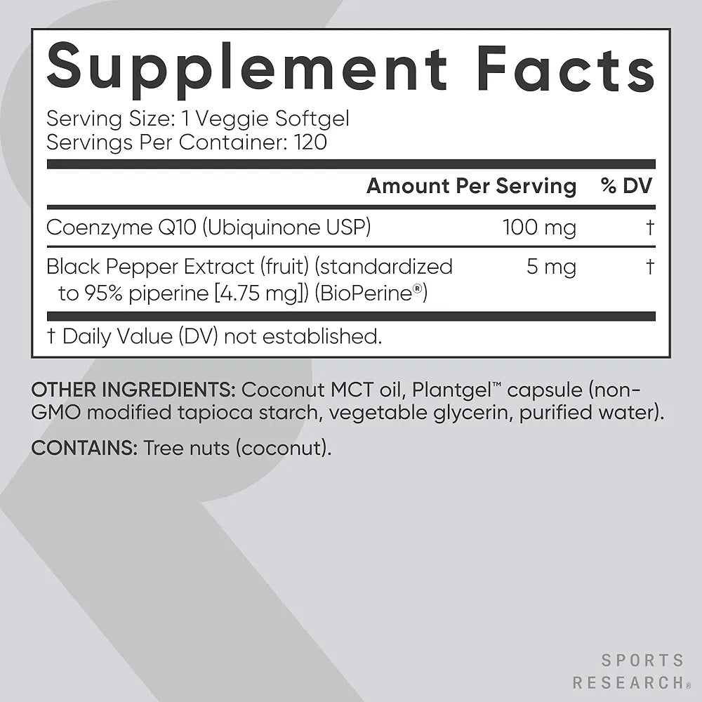 Sports Research CoQ10 (100mg) Enhanced w/Coconut Oil & Bioperine (Black Pepper)-(120 Veggie Softgels)
