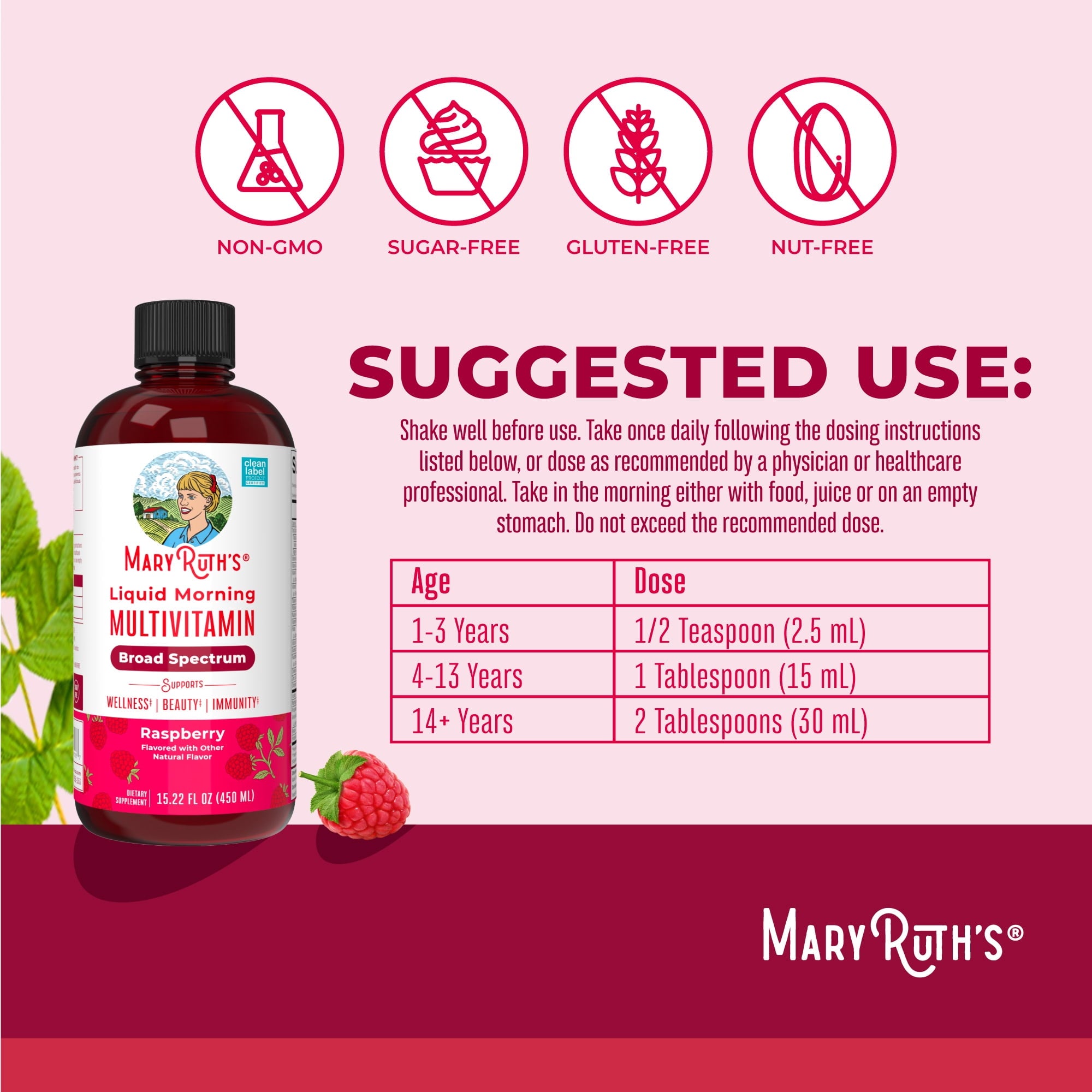 MaryRuth Liquid Morning Multivitamin, Raspberry, 450ml