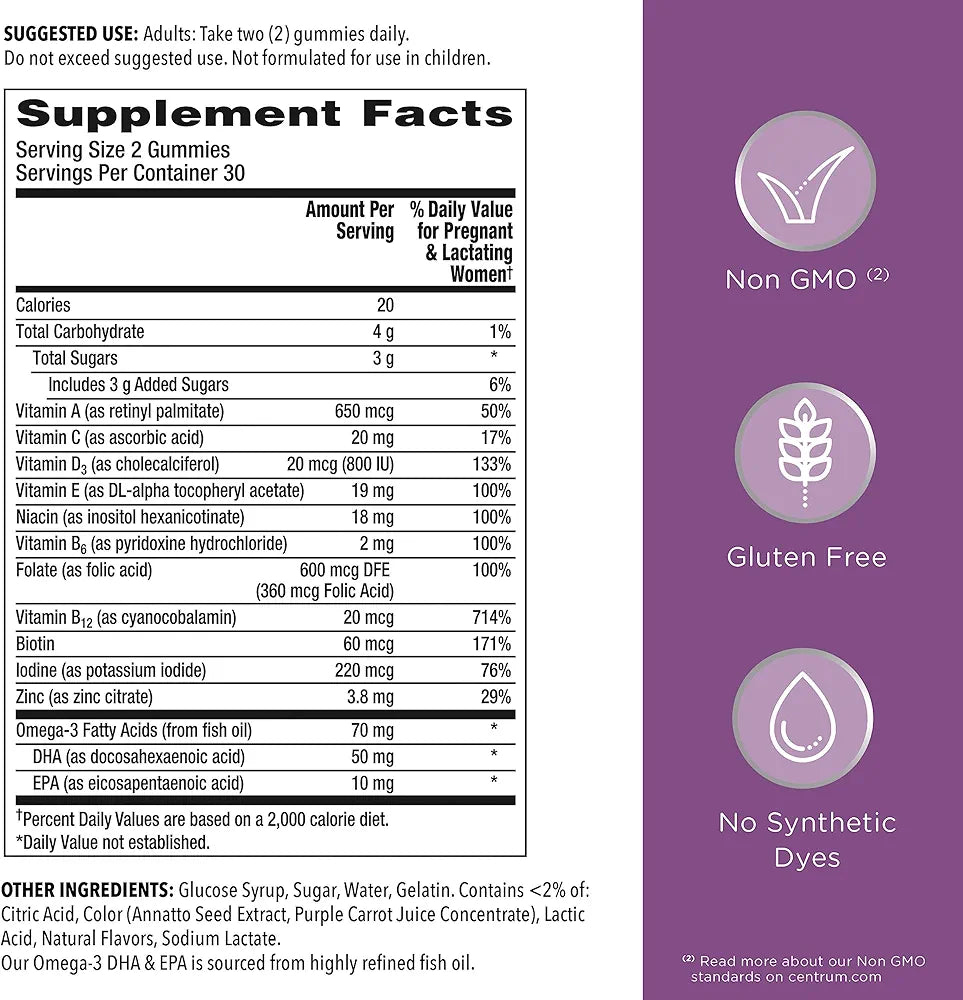 Centrum Prenatal Multivitamin Gummies with DHA and Folic Acid, Mixed Berry and Orange Flavors
