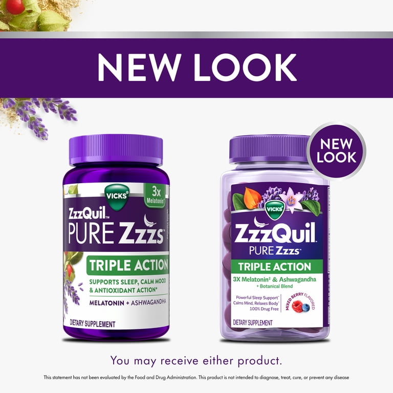 ZzzQuil PURE Zzzs Melatonin Triple Action with Ashwagandha, Melatonin 6mg, 60 Gummies